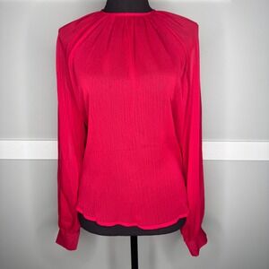 Shein Women Red Pleated High Neck Long Sleeve Blouse Top Size 6 M 14431980 NWT